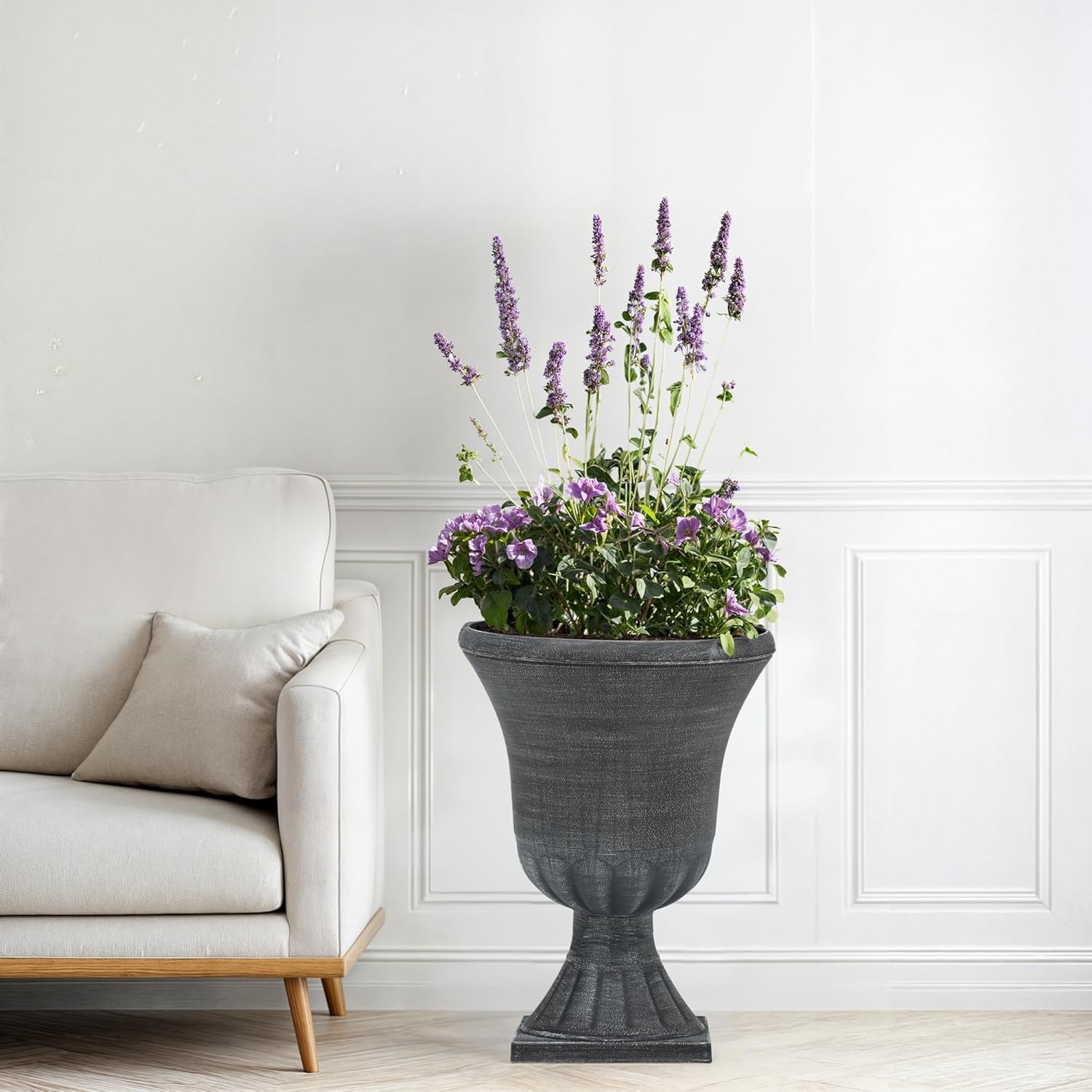 22" Large Urn Planters for Outdoor Plants, Set of 2 Plastic Flower Pot with Handmade Washed Black