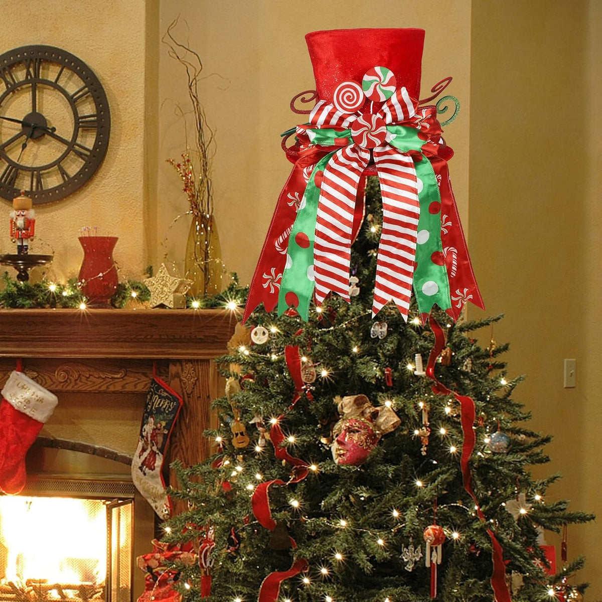 yofit Christmas Tree Topper Hat, Large Red Hat with Striped Bow Ribbon & Lollipop, Christmas Tree