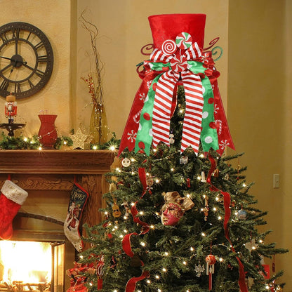 yofit Christmas Tree Topper Hat, Large Red Hat with Striped Bow Ribbon & Lollipop, Christmas Tree