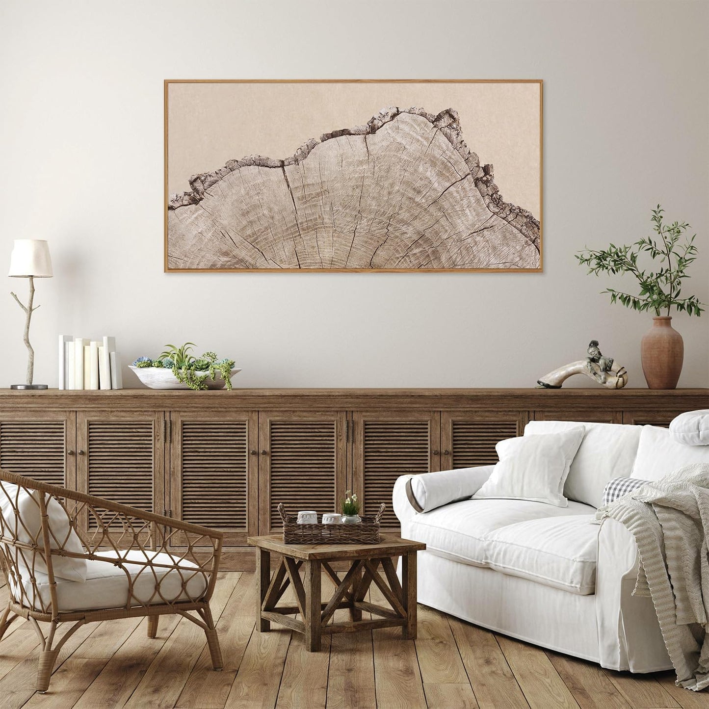 SIGNINART Large Tree Ring Framed Canvas Wall Art, Rustic Beige Wooden Wall Decor, Neutral Nature