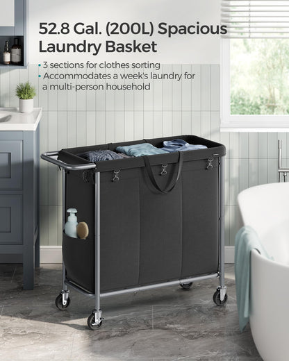 SONGMICS Laundry Basket with Wheels, 3-Section Rolling Laundry Hamper, 52.8 Gallons (200 L)