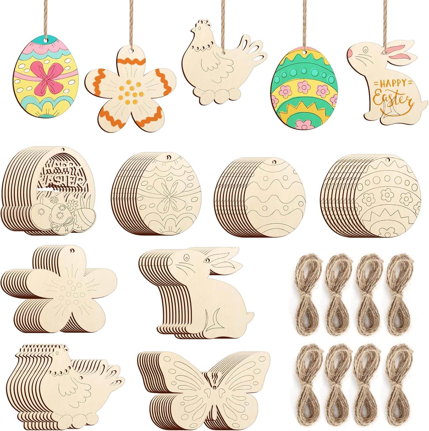 80PCS Wooden Easter Ornaments to Paint, 8 Styles DIY Blank Unfinished Wood Cutouts Ornament for