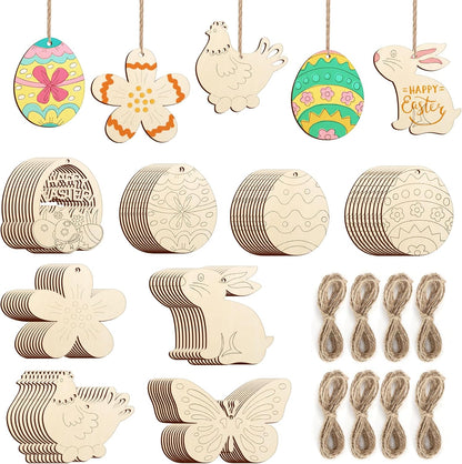80PCS Wooden Easter Ornaments to Paint, 8 Styles DIY Blank Unfinished Wood Cutouts Ornament for