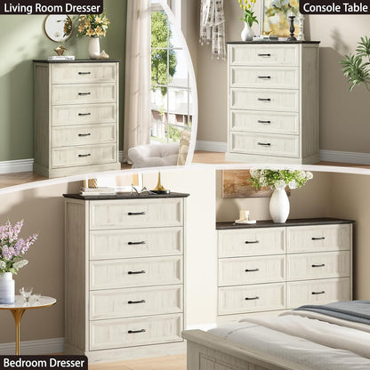 Farmhouse 5 Drawers Dresser for Bedroom, 44" Tall White Dresser Wood Rustic Chest of Drawers with