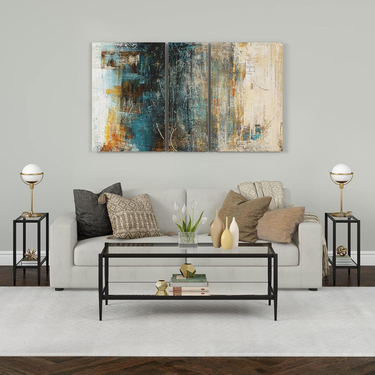 Henn&Hart 24" Wide Rectangular Side Table with Glass Shelf in Blackened Bronze, Table for Living