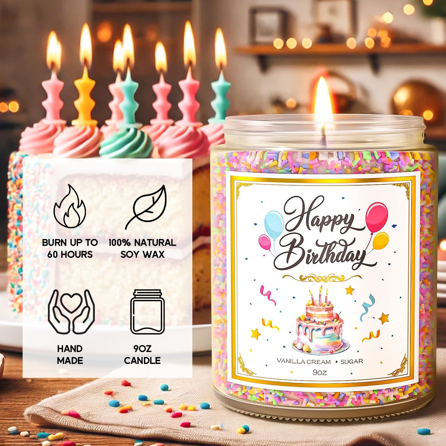 Birthday Candles - 9 oz Happy Birthday Candle with Vanilla Birthday Cake Scent, Gifts for Women &