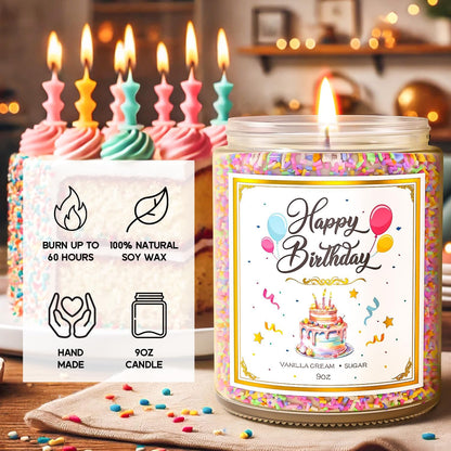 Birthday Candles - 9 oz Happy Birthday Candle with Vanilla Birthday Cake Scent, Gifts for Women &