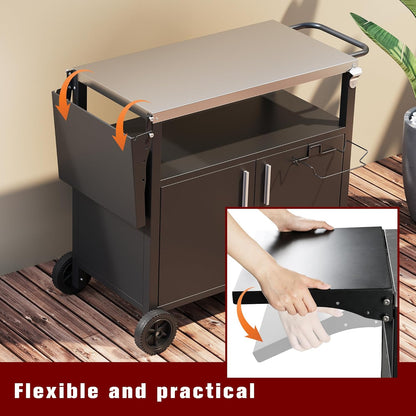Vongrasig Grill Cart with Storage, Outdoor Bar Cart Rolling BBQ Cart Movable Pizza Oven Table Stand