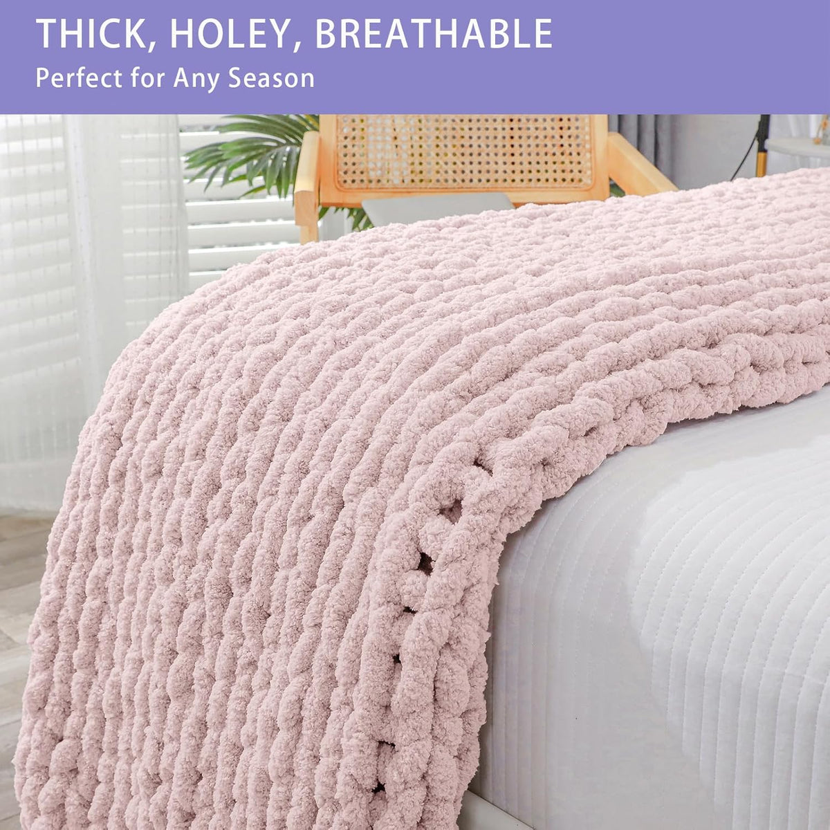 Bigacogo Chunky Knit Throw Blanket for Couch, 40x80 inches, 100% Hand Knitted with Thick Jumbo