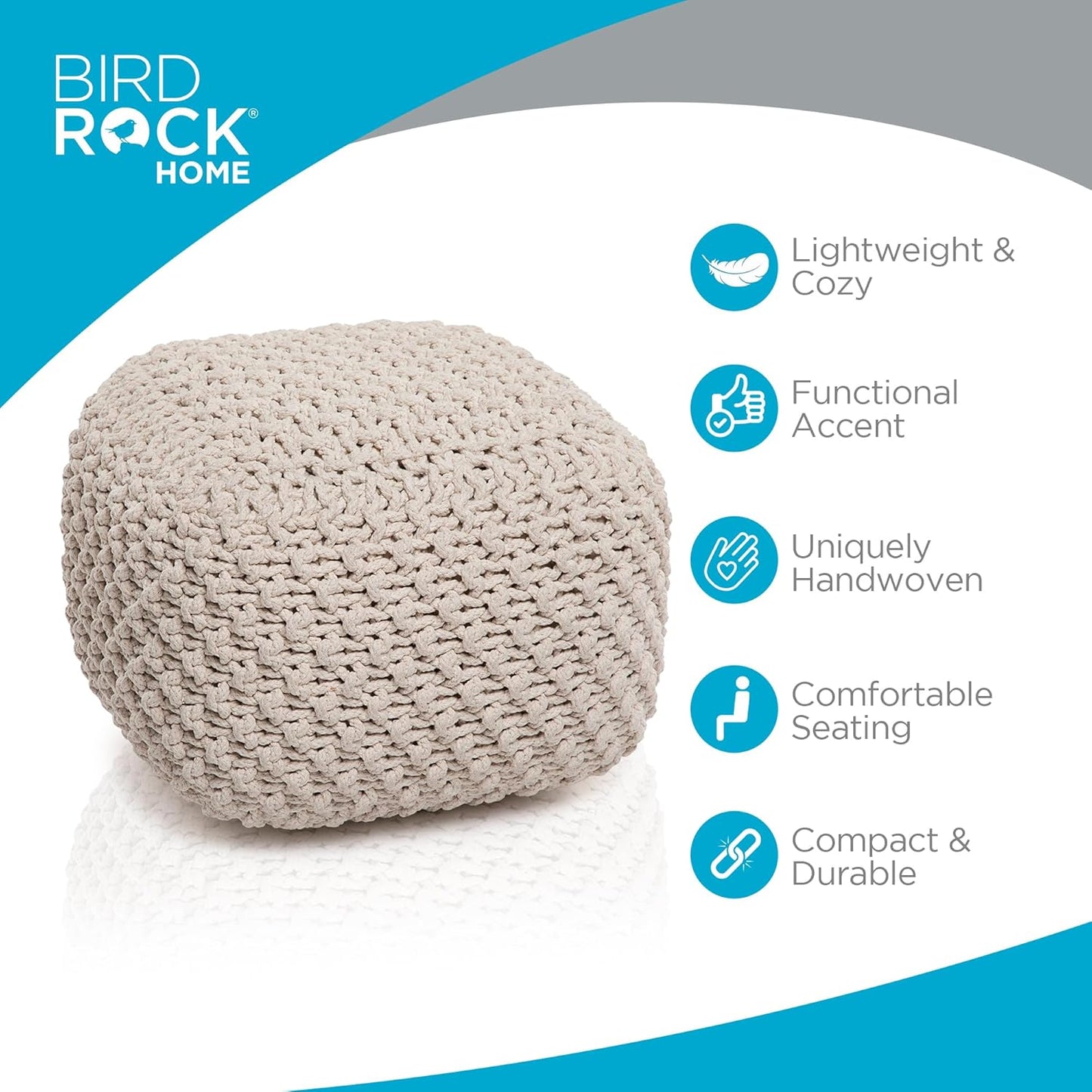 BIRDROCK HOME Square Pouf Ottoman | Cotton Braided Foot Stool with Bean Bag Filling | Boho Foot