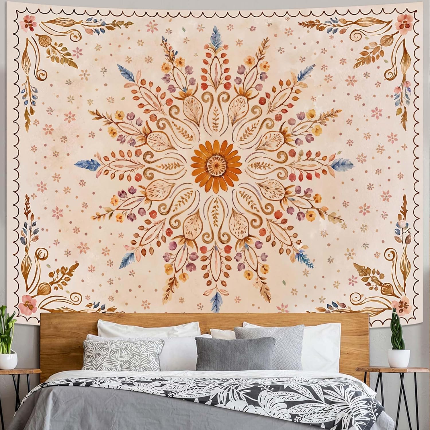 Fowocu Boho Floral Mandala Tapestry for Bedroom Aesthetic Watercolor Bohemian Flower Wall Tapestry