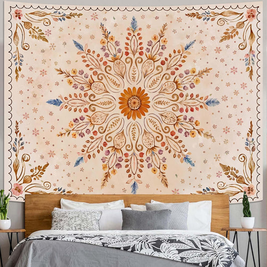 Fowocu Boho Floral Mandala Tapestry for Bedroom Aesthetic Watercolor Bohemian Flower Wall Tapestry