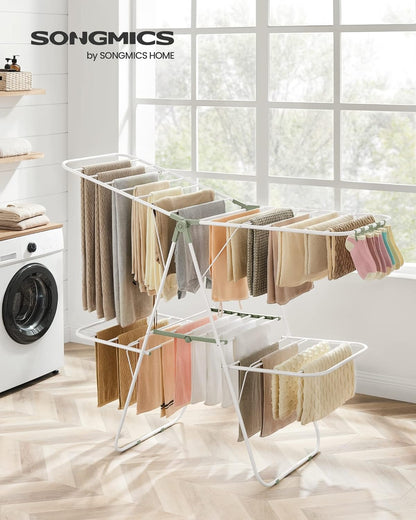 SONGMICS Clothes Drying Rack, Foldable 2-Level Laundry Drying Rack, Free-Standing Laundry Airer