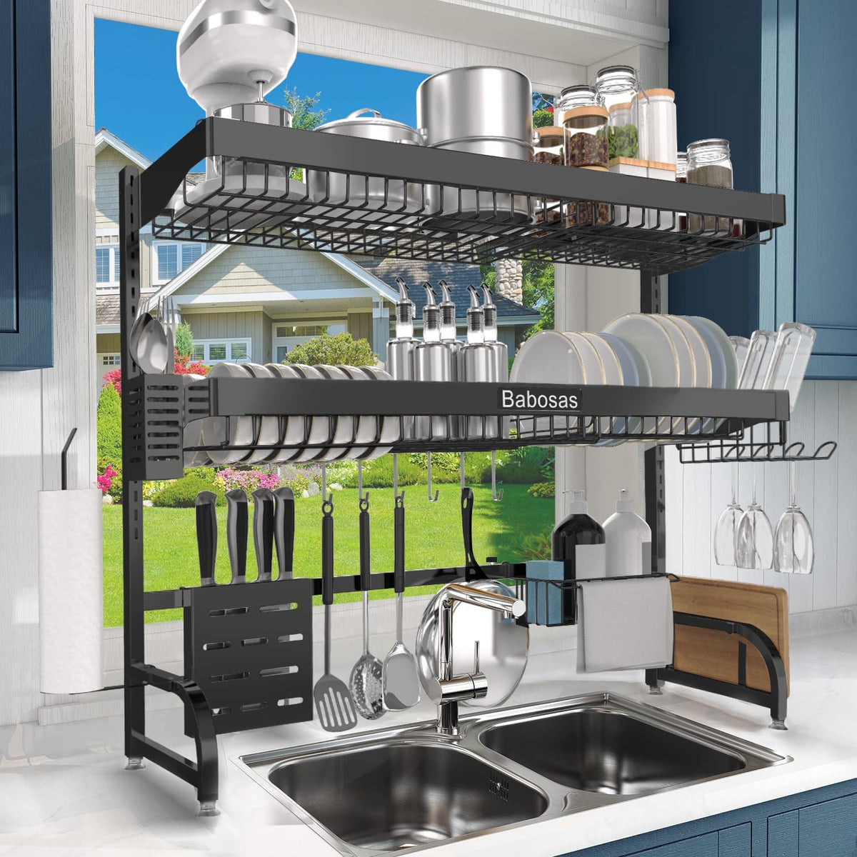 Over The Sink Dish Drying Rack,3 Tier Adjustable Length (25.5'' to 37.4'') Full Stainless Steel