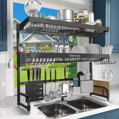 Over The Sink Dish Drying Rack,3 Tier Adjustable Length (25.5'' to 37.4'') Full Stainless Steel