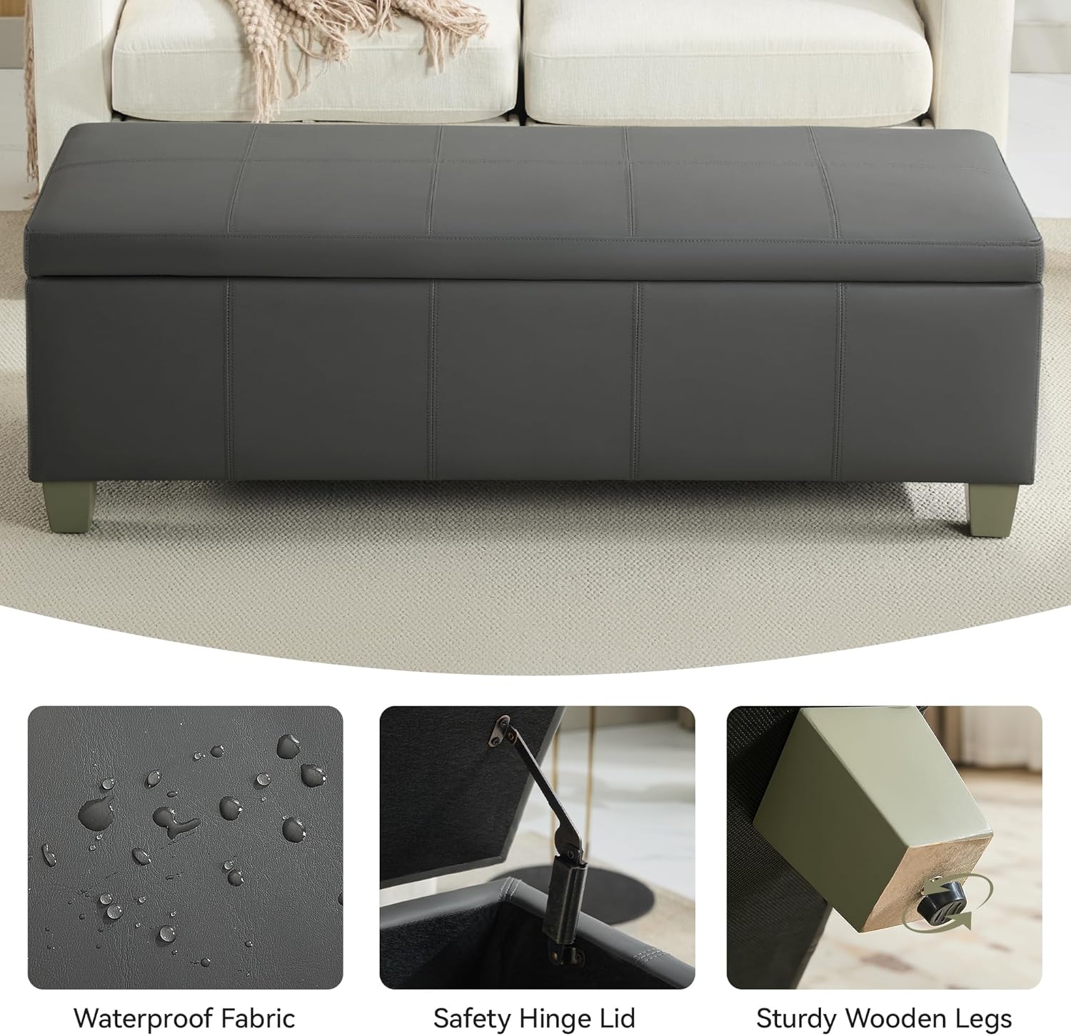 51" Faux Leather Storage Ottoman, Stitch Tufted Rectangle Upholstered End of Bed Storage Bench