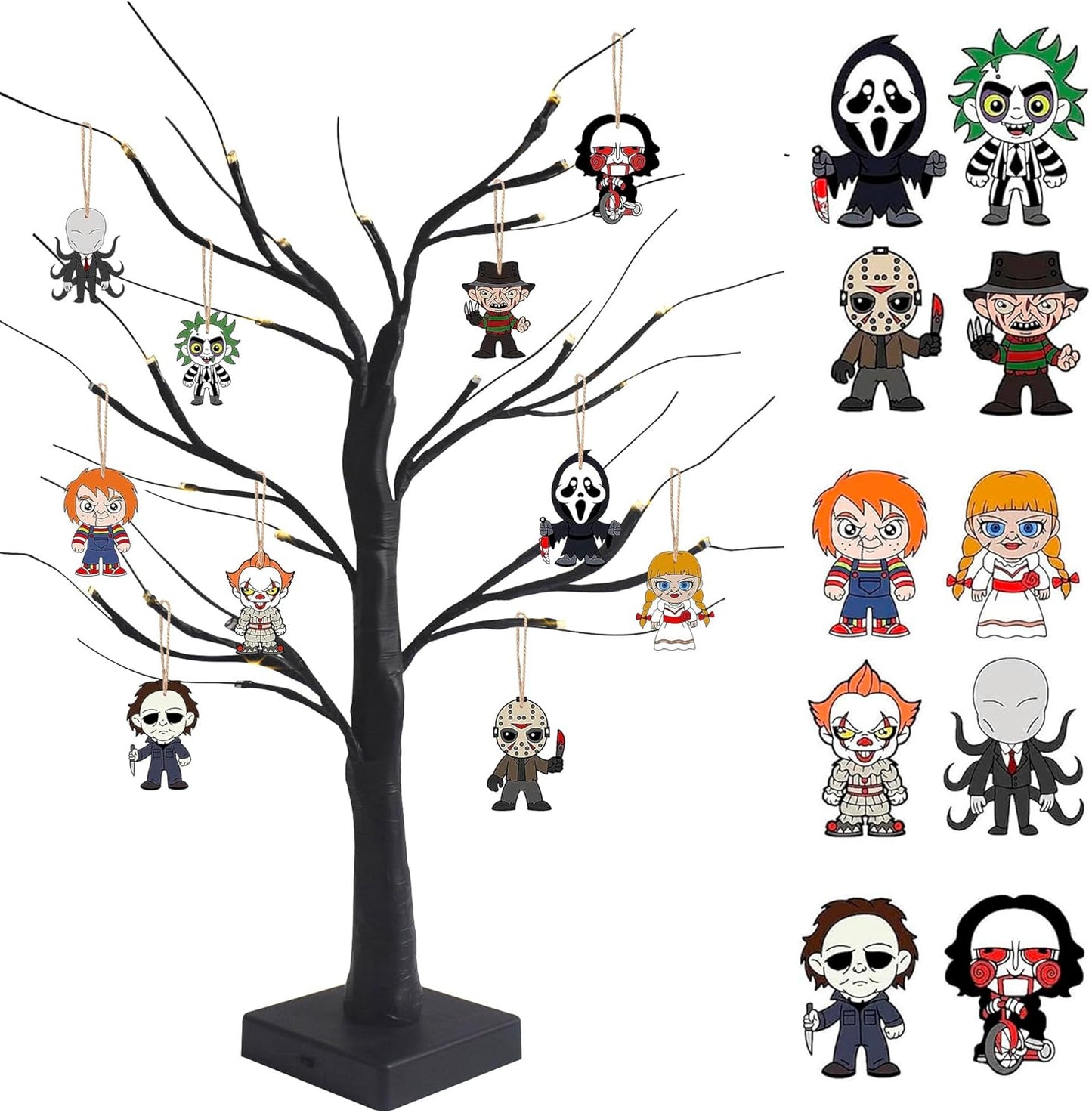Black Halloween Tree with LED Lights and Spooky Wooden Hanging Ornaments Horror Movie Ornaments
