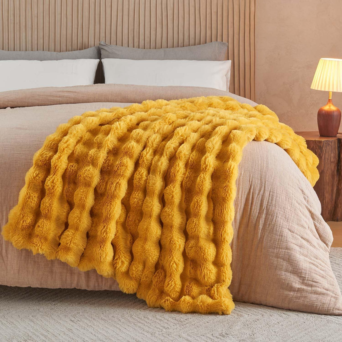 Lotus Karen Faux Fur Throw Blanket Ginger Yellow - Big Bubble Rabbit Fluff Blanket for Couch Bed