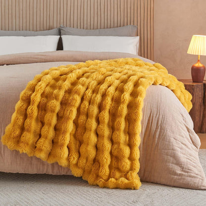 Lotus Karen Faux Fur Throw Blanket Ginger Yellow - Big Bubble Rabbit Fluff Blanket for Couch Bed