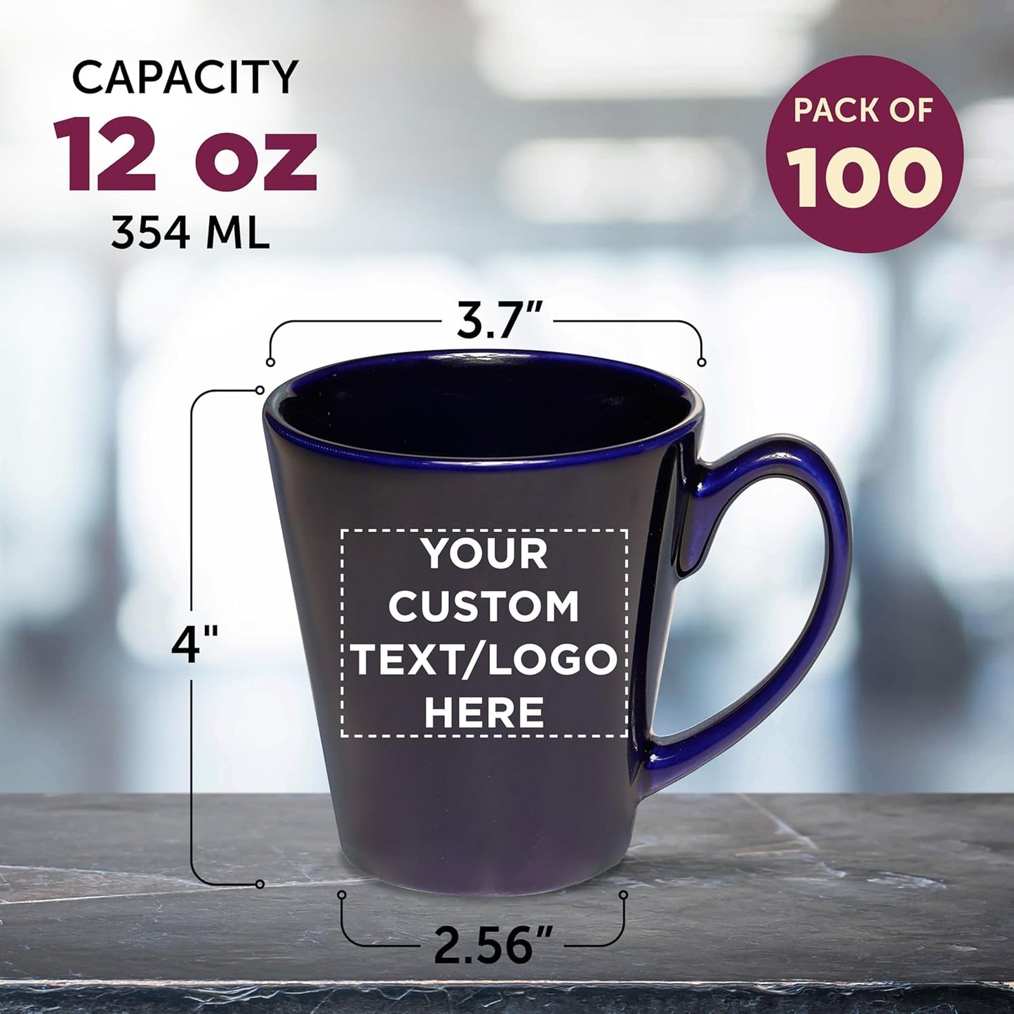DISCOUNT PROMOS Custom Glossy Ceramic Latte Coffee Mug 12 oz. Set of 100, Personalized Bulk Pack