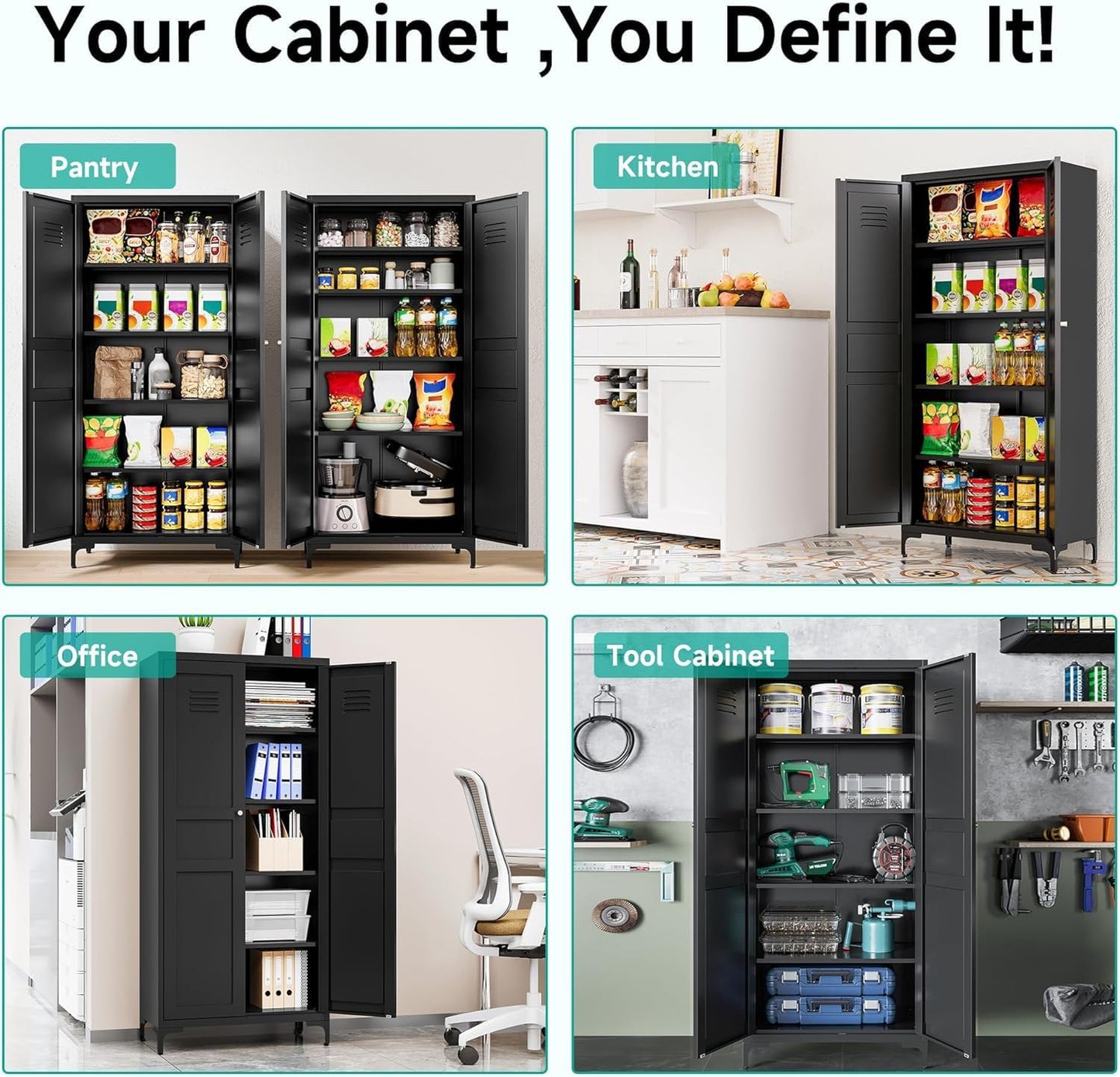 Metal Storage Cabinet with Doors and Shelves,Black Storage Cabinet with Leg,Metal Pantry