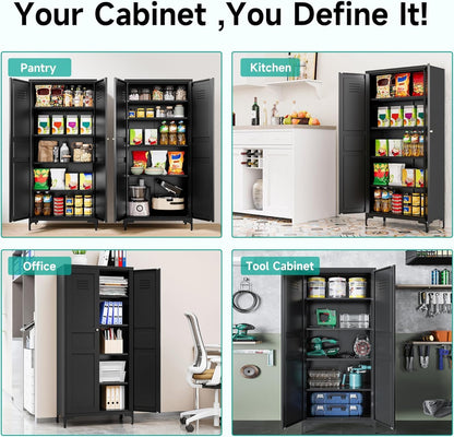 Metal Storage Cabinet with Doors and Shelves,Black Storage Cabinet with Leg,Metal Pantry