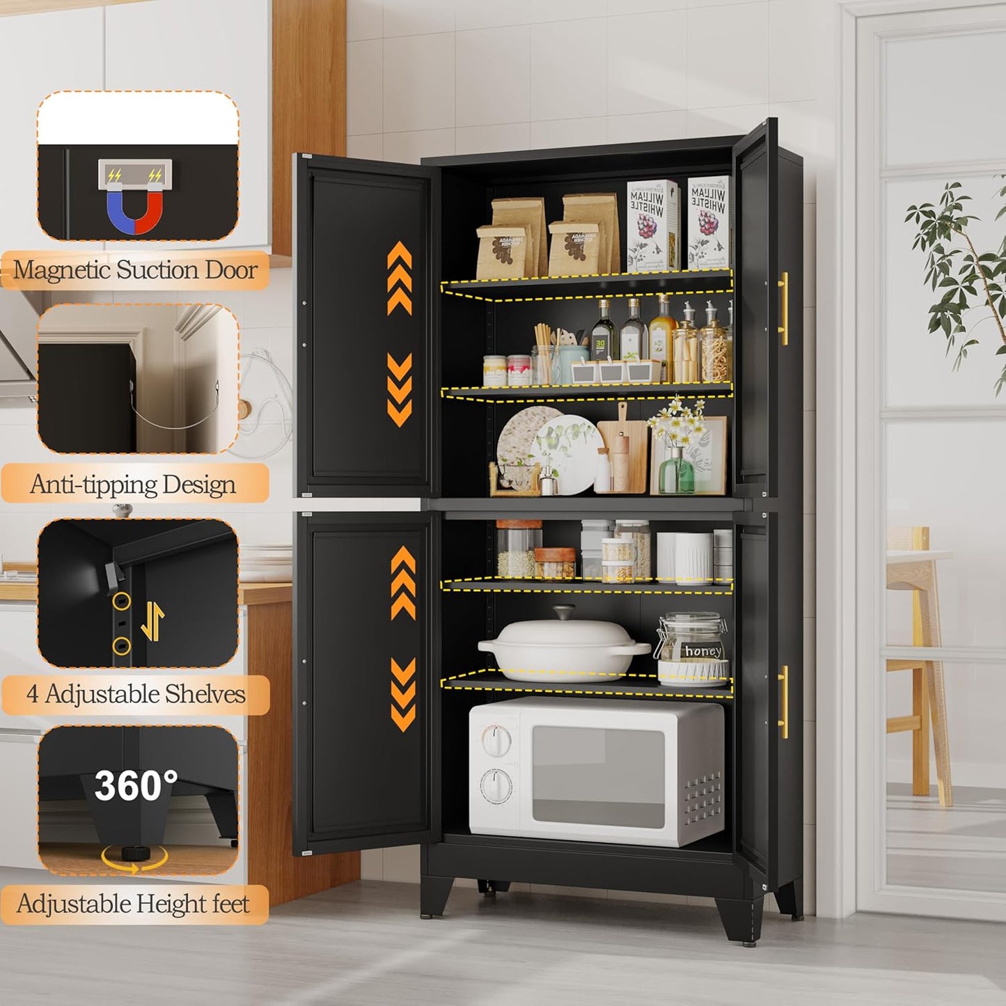 75.2" Tall Metal Pantry Cabinet, Storage Cabinets with 4 Door and 4 Adjustable Shelves, Black
