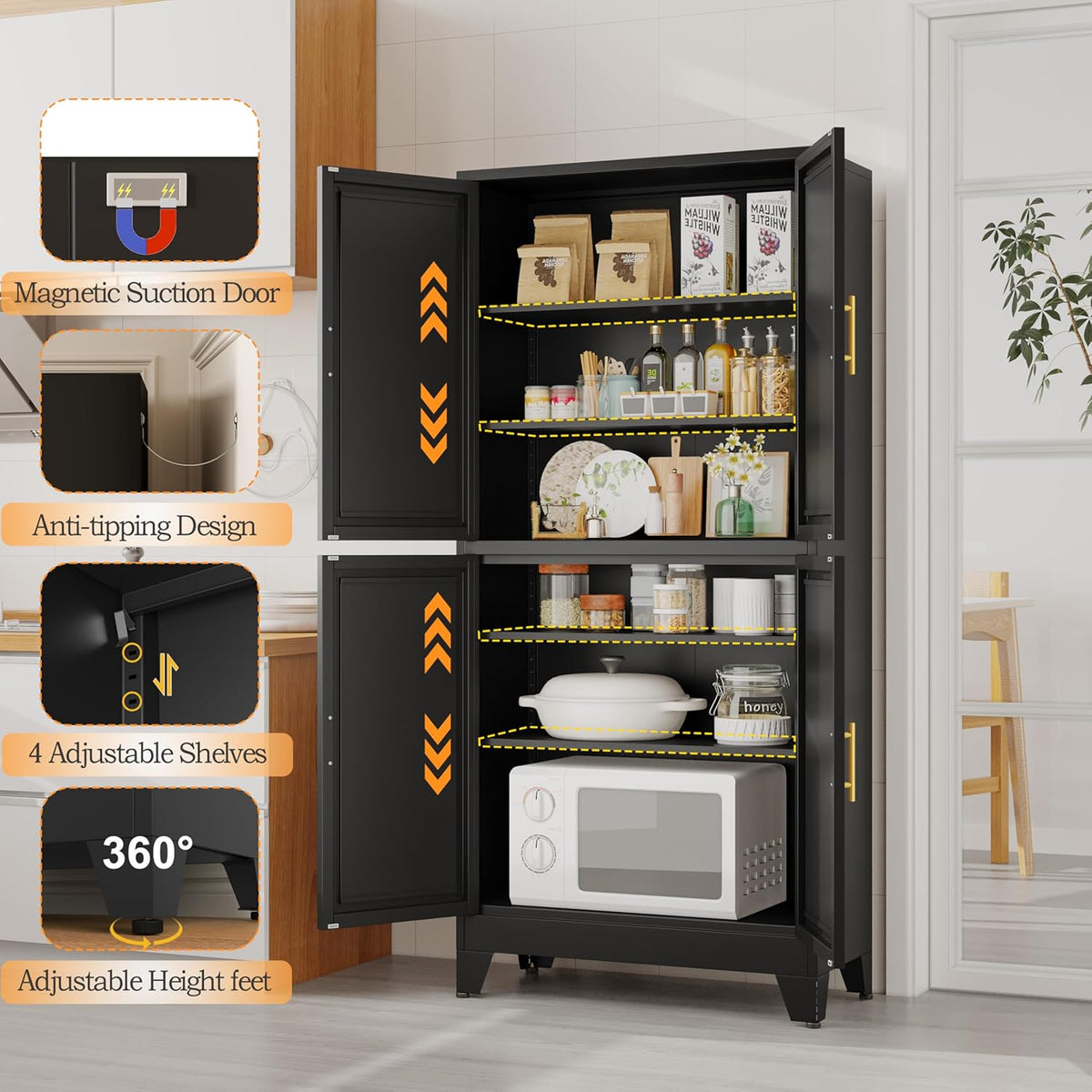 75.2" Tall Metal Pantry Cabinet, Storage Cabinets with 4 Door and 4 Adjustable Shelves, Black