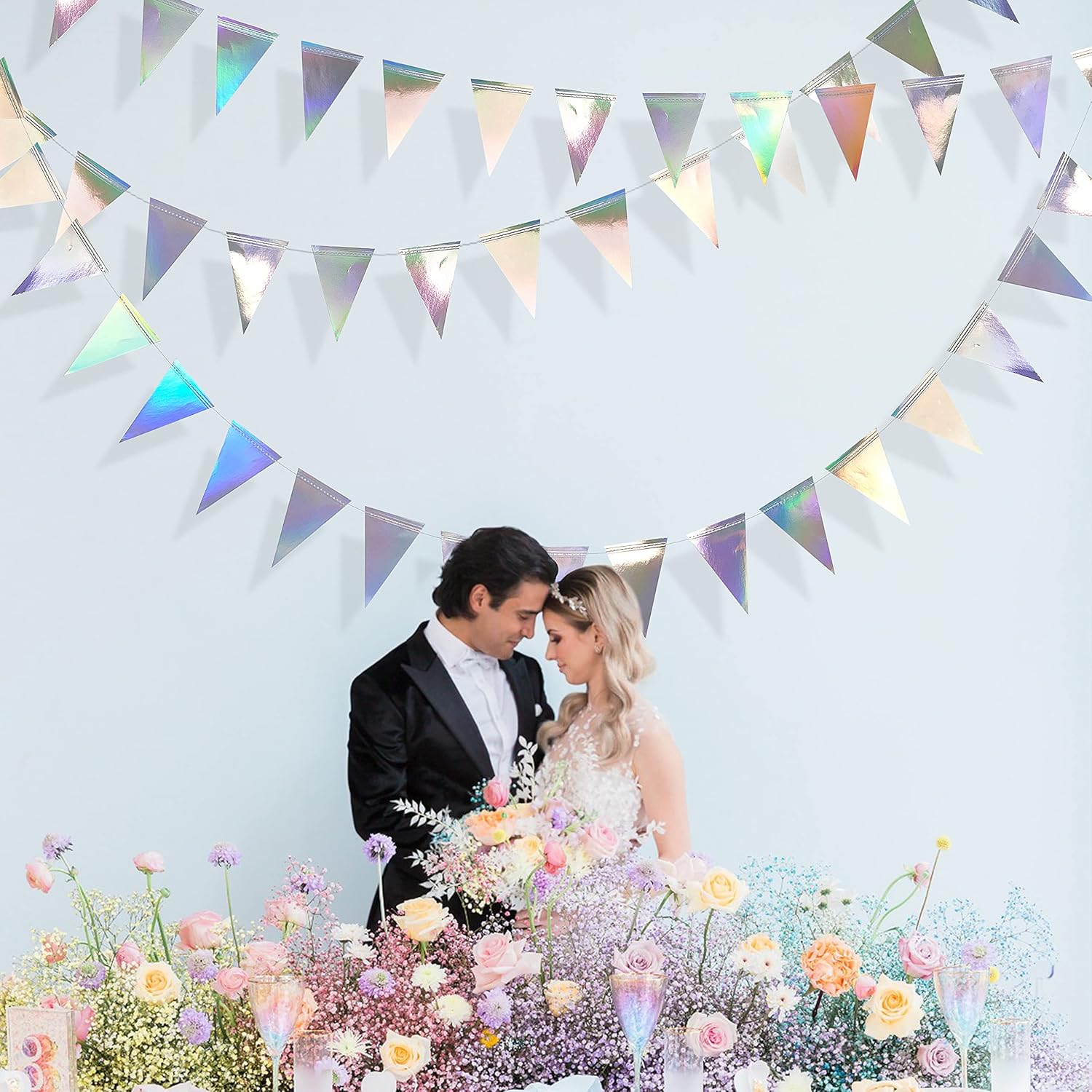 40Ft Iridescent Party Decorations Holographic Hanging Triangle Pennant Banner Flag Bunting Garland