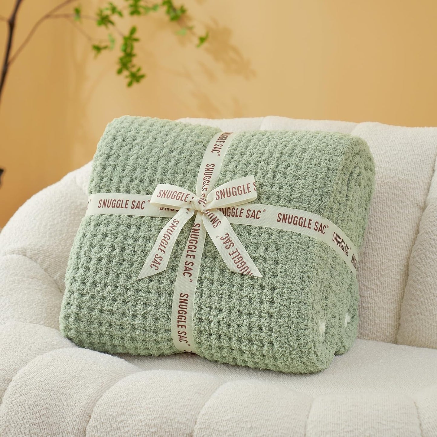 Snuggle Sac Sage Green Waffle Bedding Blankets Queen Size 90x90 inches, Reversible Microfiber