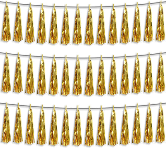 3P Gold Foil Fringe Metallic Tassel Streamers Banner Tassel Garland for Parade Floats
