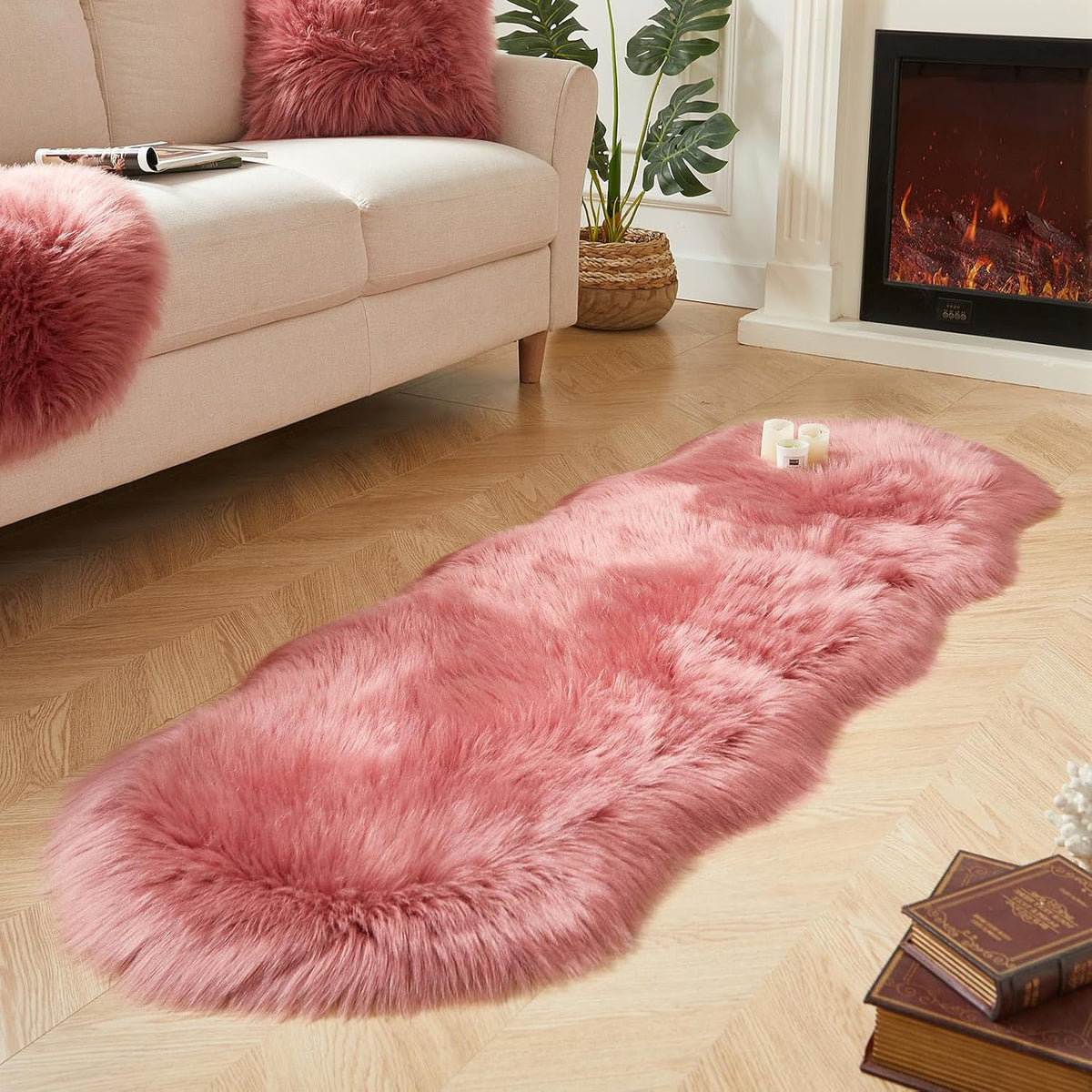 AMTOVO Faux Sheepskin Rug, Blush Pink Ultra Soft Fluffy Shag Area Rug, 2 x 6 ft Faux Fur Rug for