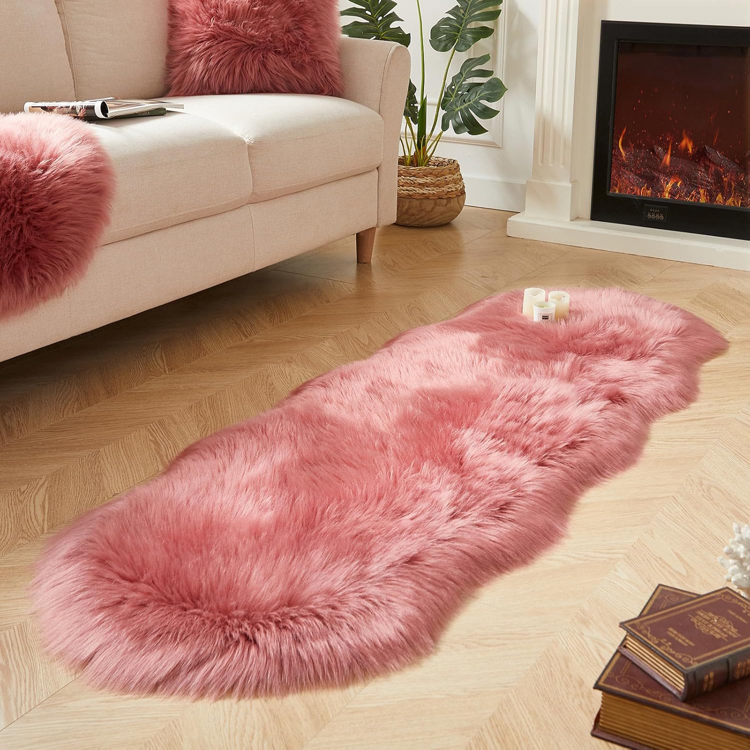 AMTOVO Faux Sheepskin Rug, Blush Pink Ultra Soft Fluffy Shag Area Rug, 2 x 6 ft Faux Fur Rug for