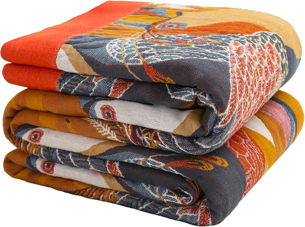 Boho Large Throw Blanket, 100% Organic Muslin Cotton Breathable Soft Bed Throw - Floral Bird