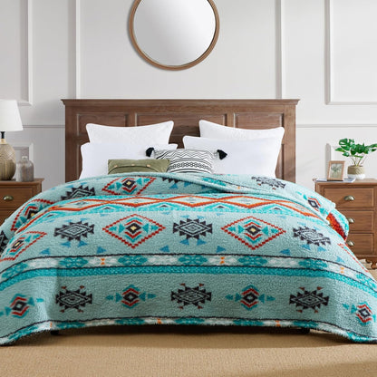 CASAAGUSTO Boho Sherpa Throw Blanket, Aztec King Size Blanket, Ultra Soft, Warm, Cozy, Plush, Thick