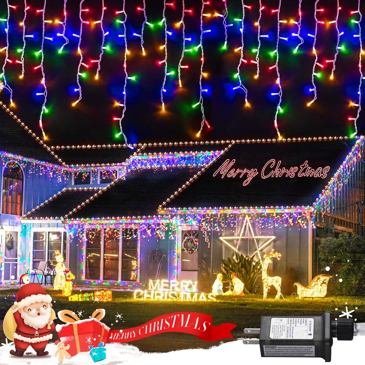 JMEXSUSS 800 LED Christmas Icicle Lights Outdoor Plug-in, Multicolor Waterproof, 8 Modes With 160