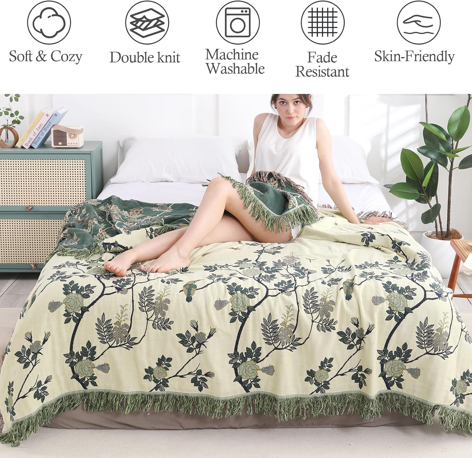 Snycler Boho Throw Blanket for Bed - 100% Cotton Ultra Soft Rustic Quilt Green Hummingbird Printed