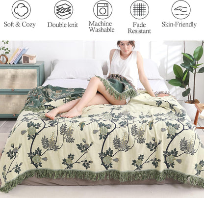 Snycler Boho Throw Blanket for Bed - 100% Cotton Ultra Soft Rustic Quilt Green Hummingbird Printed