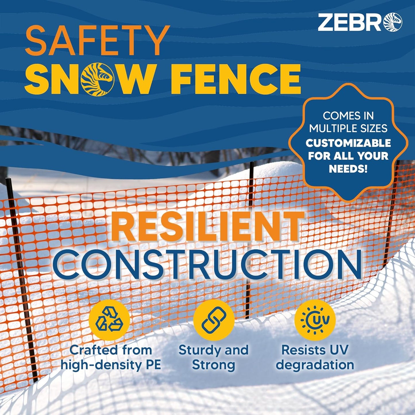 ZEBRO 4' x 100' Orange Plastic Garden Fence Roll – Standard Duty Safety Netting for Snow, Poultry