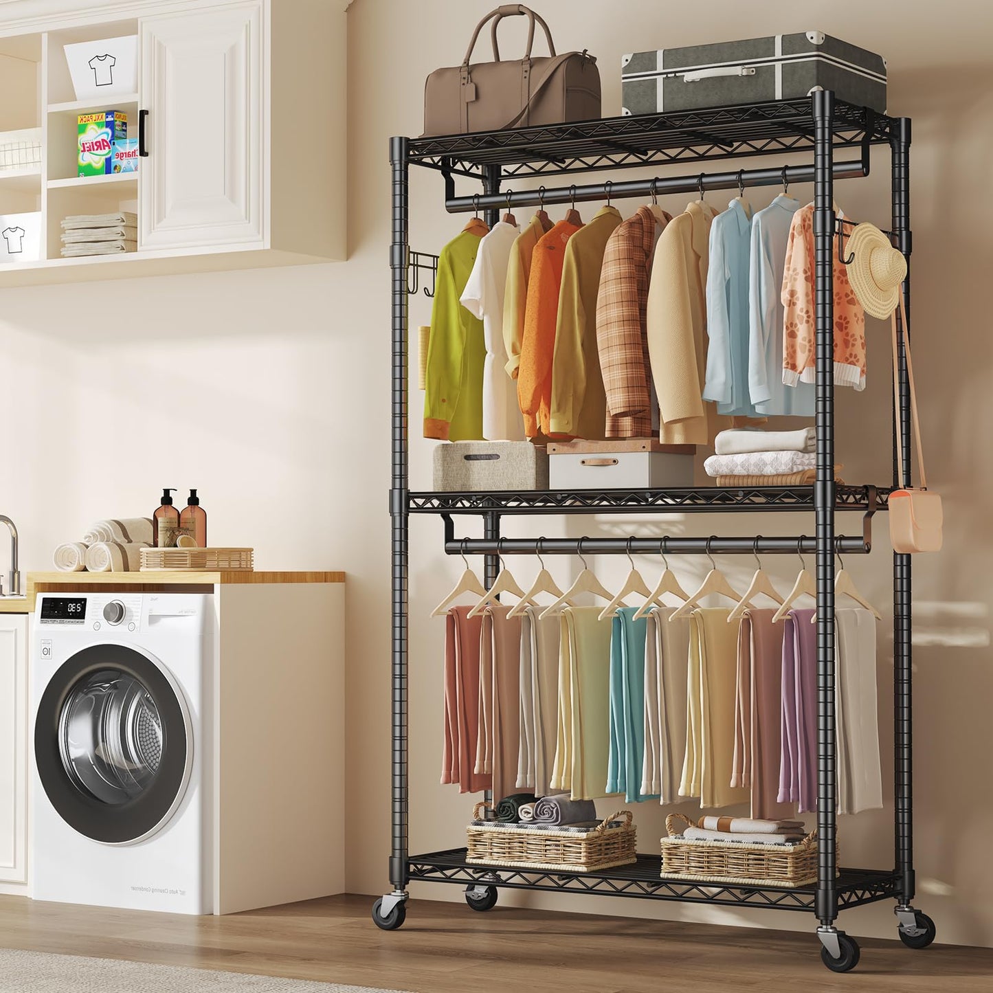 OLIXIS Rolling Clothes Rack, Heavy Duty Garment Rack, 47 IN, Metal Black