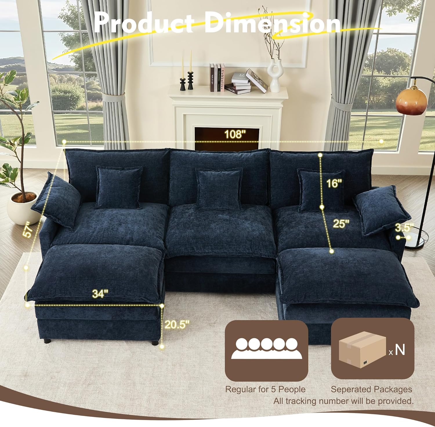 108" U Shaped Couch, Modular Sectional Sofa, 3-Seater Comfy Cloud Couch with Movable Ottoman, Deep