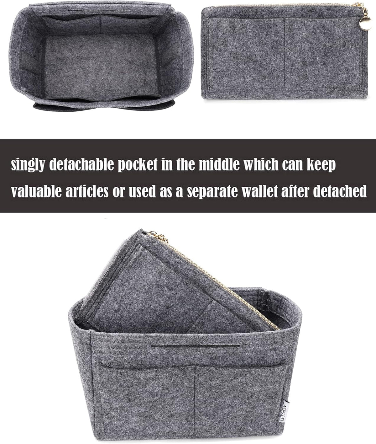 LEXSION Felt Purse Bag Organizer Insert with zipper Bag Tote Shaper Fit Speedy Neverful PM MM