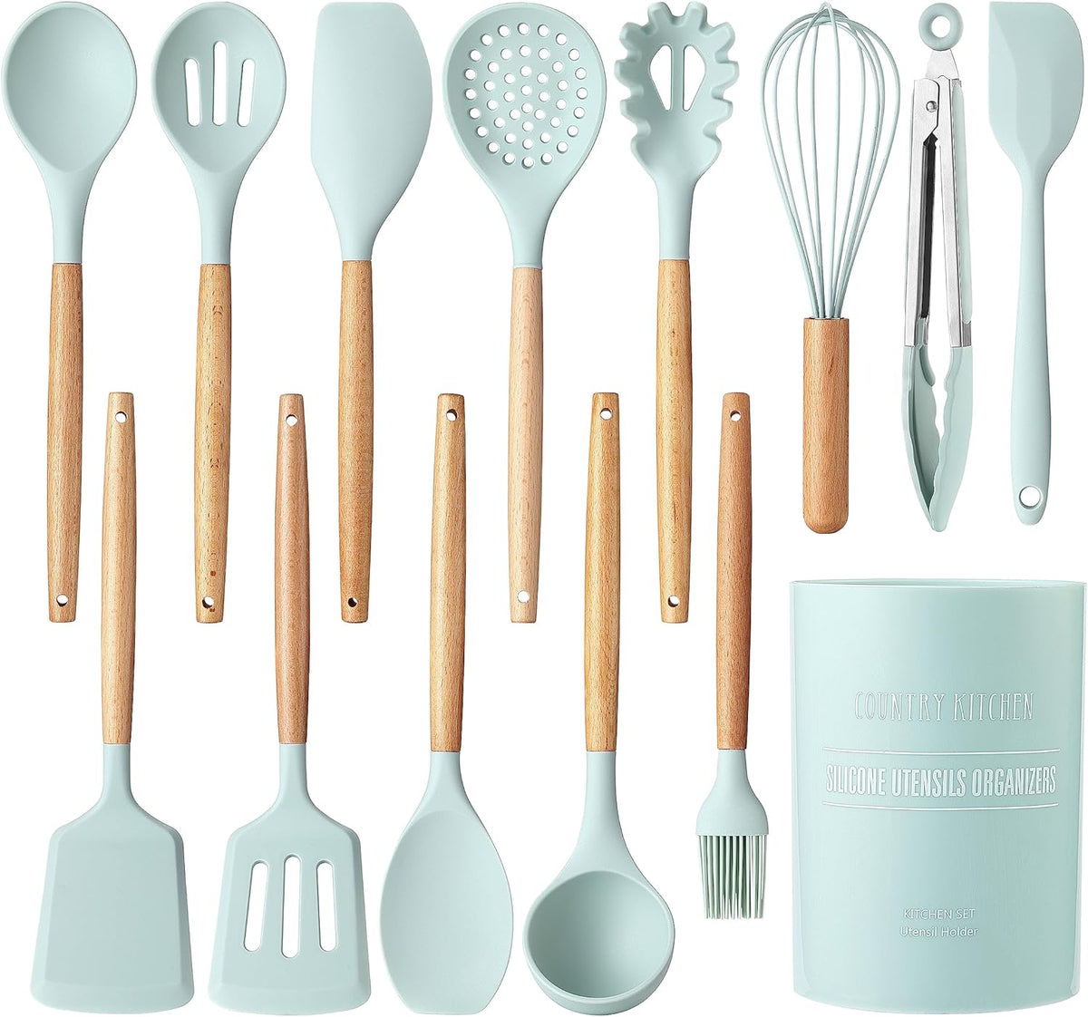 Country Kitchen Non Stick Silicone Utensil Set with Rounded Wood Handles for Cooking and Baking, 14