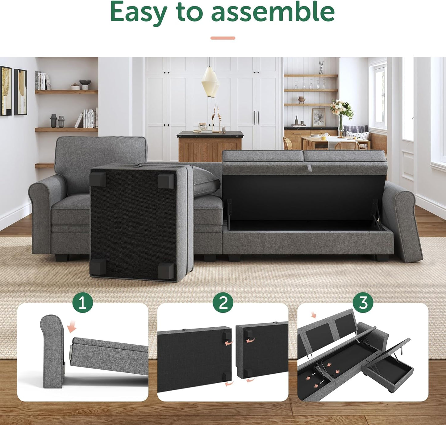 HONBAY Convertible Sectional Sofa with Storage U Shaped Sectional Couch with Reversible Chaise