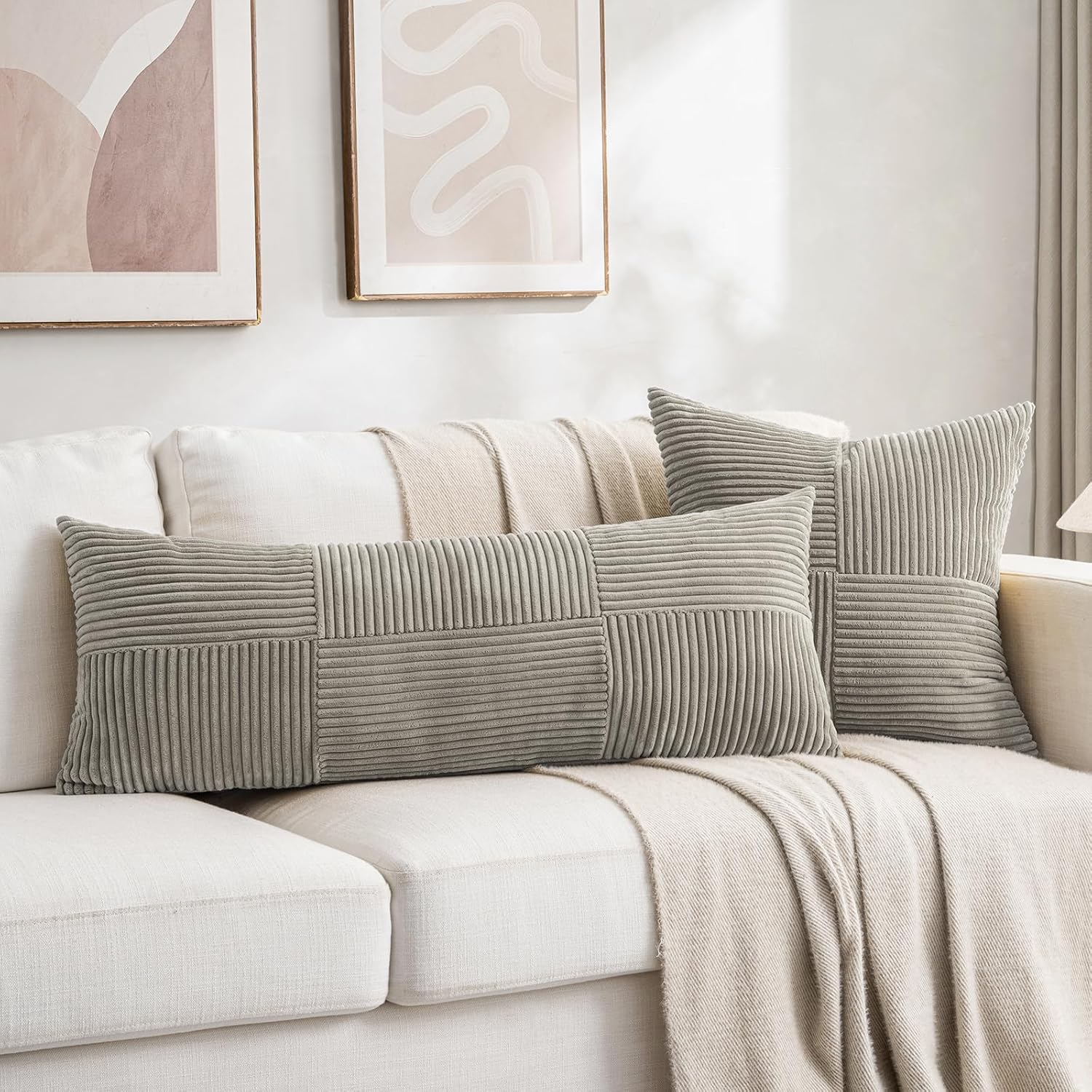 Fancy Homi Set of 2 Neutral Grey Boho Long Lumbar Body Decorative Throw Pillow Cover 14x36 Inch for