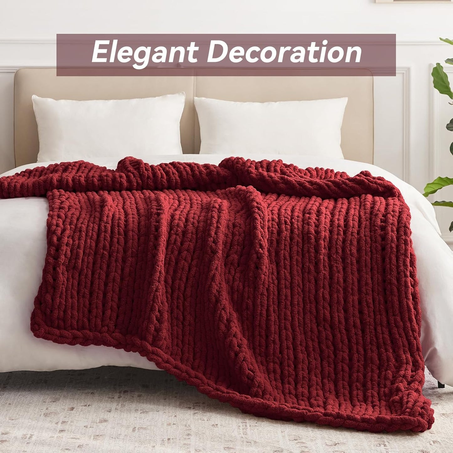 Chunky Knit Throw Blanket, 50''*60'' Knitted Throw Chenille Yarn for Bed Couch, Handmade Red
