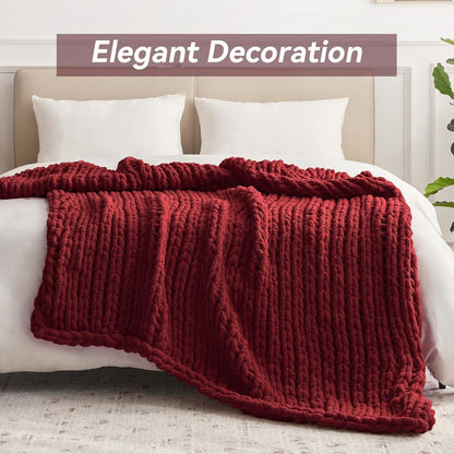 Chunky Knit Throw Blanket, 50''*60'' Knitted Throw Chenille Yarn for Bed Couch, Handmade Red