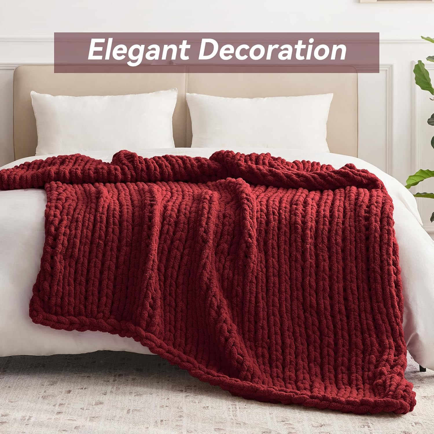 Chunky Knit Throw Blanket, 40''*50'' Knitted Throw Chenille Yarn for Bed Couch, Handmade Red
