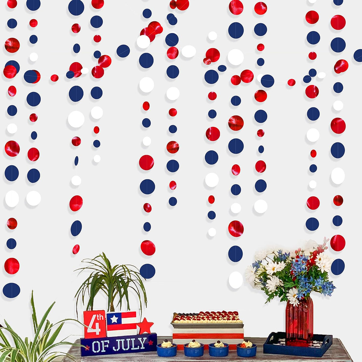 46 Ft Navy Blue Red White Circle Dots Garlands Royal Blue Red Hanging Paper Polka Dots Streamer for