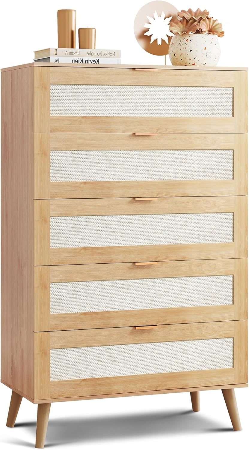 WLIVE Rattan Dresser for Bedroom, 5 Drawer Wood Boho Dresser Storage with Gold Metal Handle, Chest